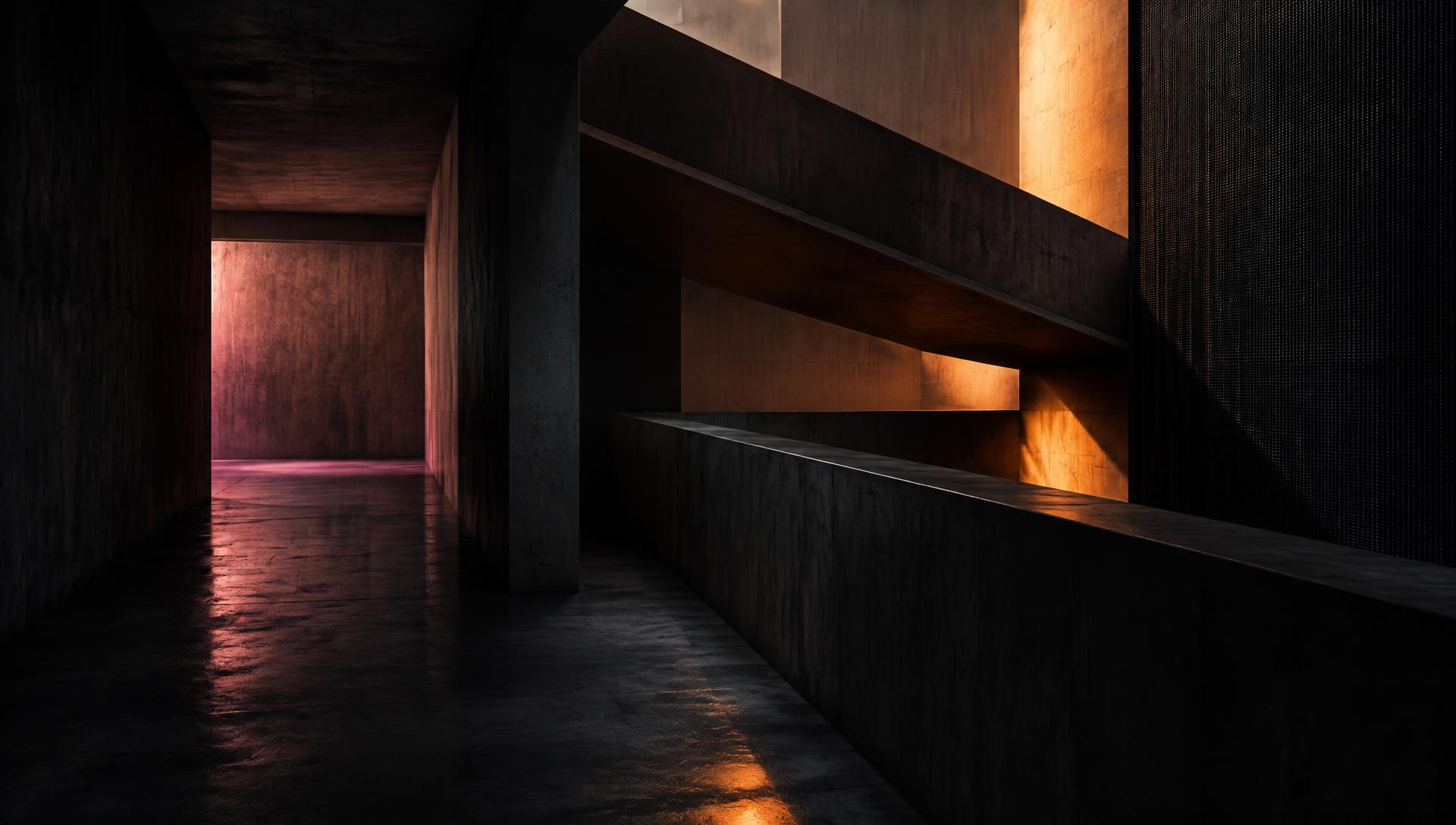 Corredores escuros em diferentes direções atravessados por luz laranja e rosa