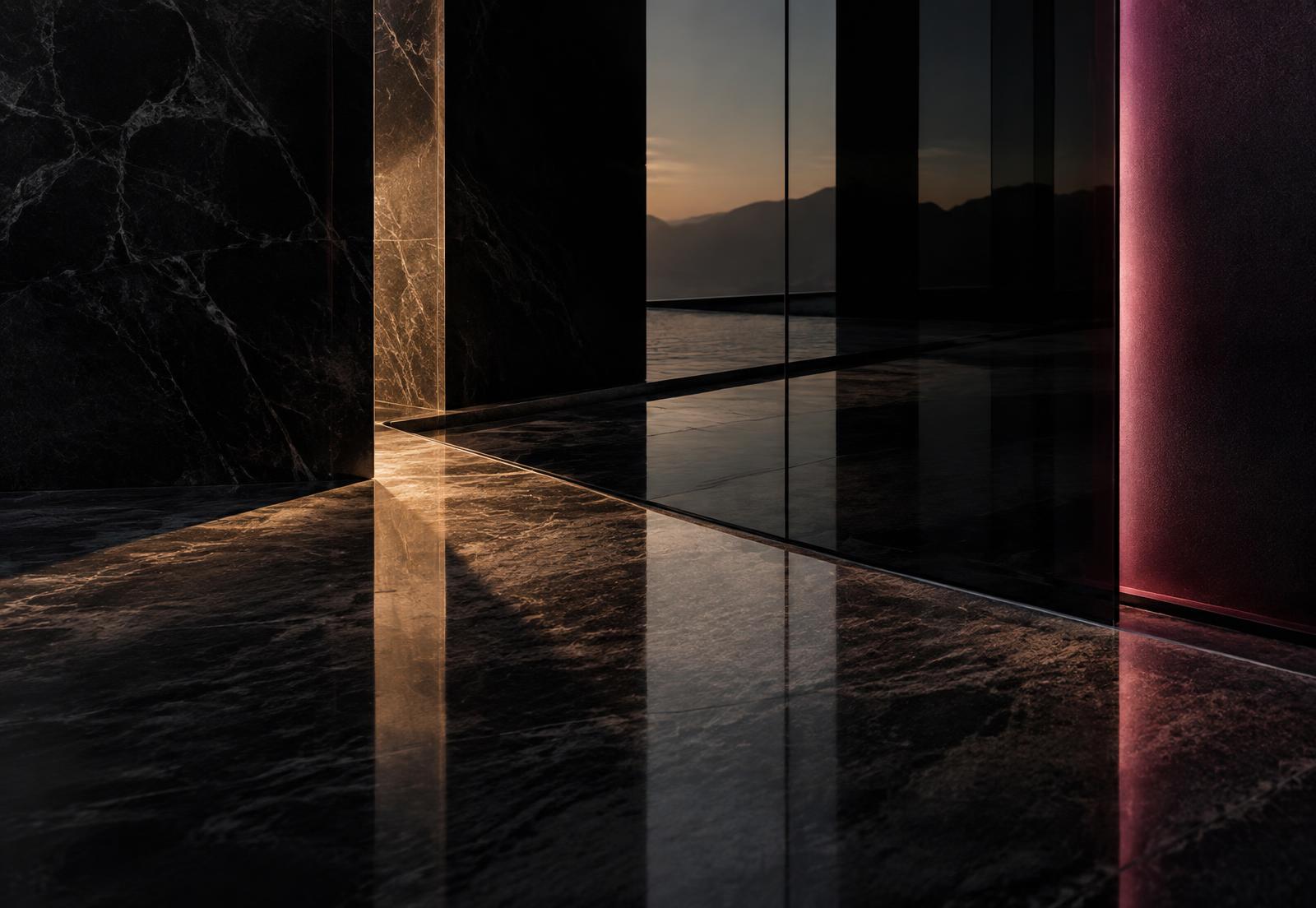 Reflexos de luz sobre pedra escura, vidro e planos arquitetônicos