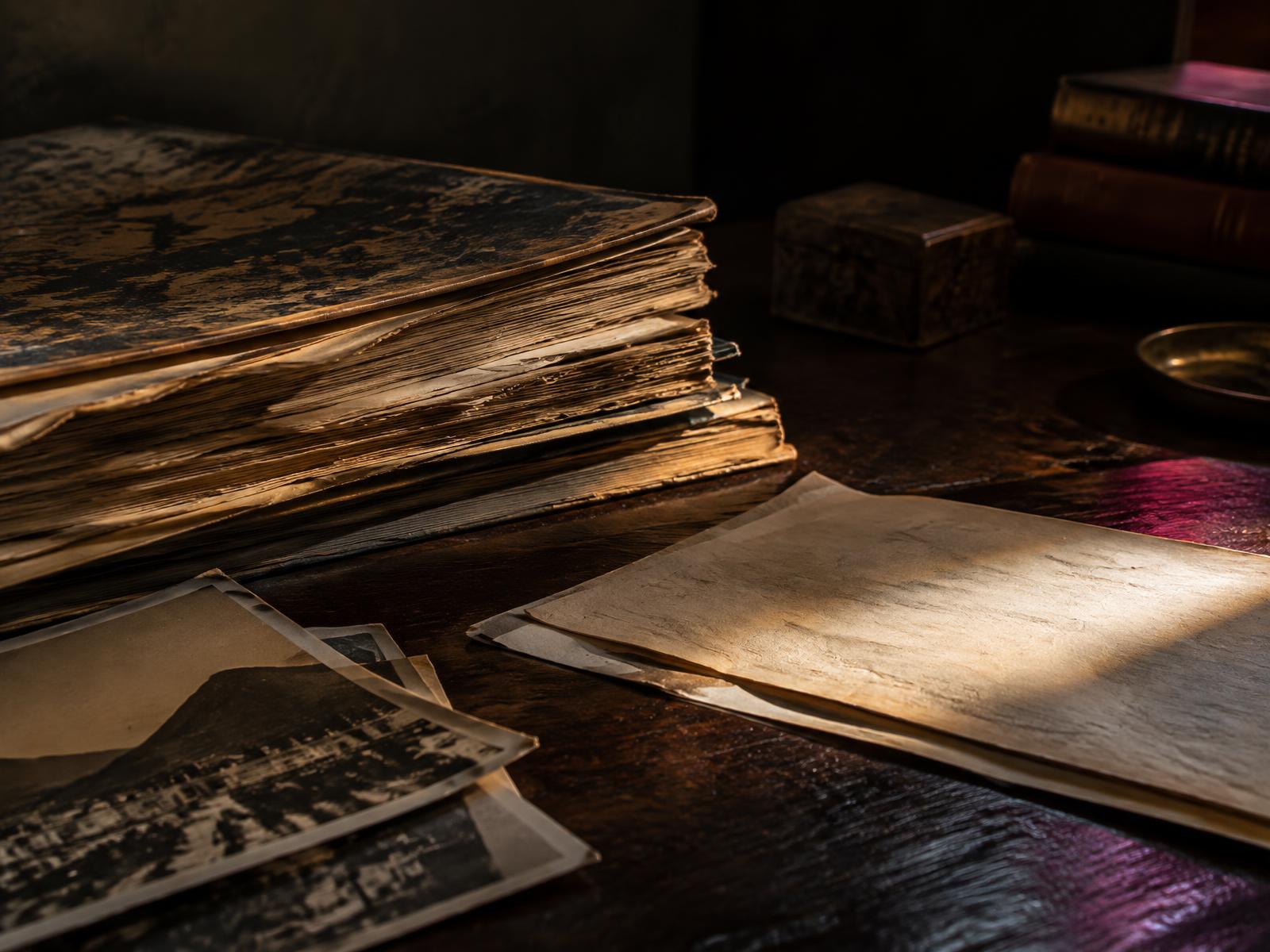 Documentos antigos e papéis sem escrita legível sobre uma mesa de madeira escura